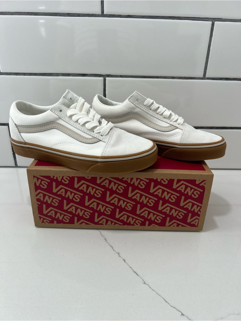 Vans Men’s Old Skool Low Sneakers in White with Gum Sole